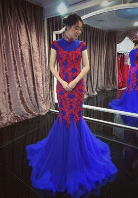 【欧妮莎婚纱】红蓝撞色中式改良式旗袍礼服